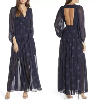 Eliza J Long Sleeve Beaded Chiffon Navy Maxi Dress Size 8 Backless Sheer Formal • $40