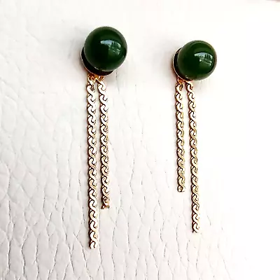 Vintage Green Jade Stud Earrings 12k GF W/Stackable Gold Chain Fringe • $80