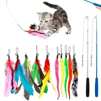 12Pcs Kitten Toy Cat Feather Bell Wand Teaser Rod Interactive Play Pet Toys Gift • £6.95