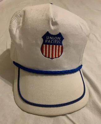 $12.50 • Buy Vintage Union Pacific Snap Back Cap White Blue Cord Mesh Side Sections