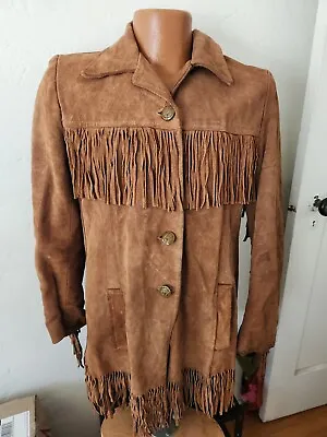 Vintage Suede Leather Fringe Jaket Womens 18 Lesco 60's 70's Brown Western Hippy • $22.99