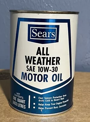 Sears All Weather Motor Oil 1qt. 10w 30 Vintage Metal Can - FULL • $9.99