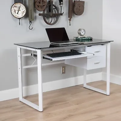 Rivendell Modern Black And White Iron Office Desk With Tempered Glass Top • $96.01