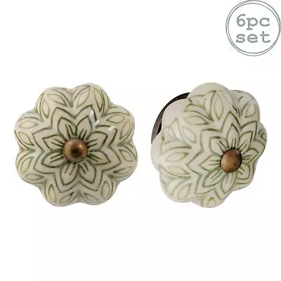 6x Floral Ceramic Cabinet Knobs Cupboard Door Drawer Handles Olive Green • £13