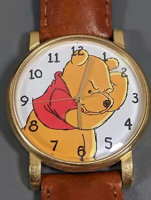 Vintage Timex Winnie The Pooh Round Gold Tone Case Brown Leather Band Watch • $23.09