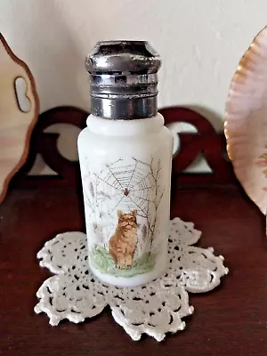 EAPG Antique C F Monroe Mt. Washington Opal Ware Cat Watching Spider Salt Shaker • $69.99