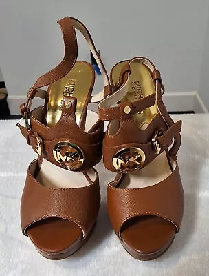 Michael Kors Leather Upper Sandal Sling Back Heels Brown  Size 8M • $19.99