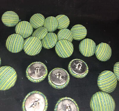 VINTAGE Buttons LOT 25 MEDIUM FABRIC TAPESTRY BUTTONS CRAFTS SEWING Blue & Green • $9.99