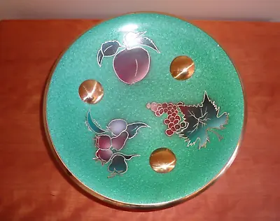 Vintage 60's Round Green Enamel & Brass Pedestal Fruit Tray Plate Made In Israel • $35