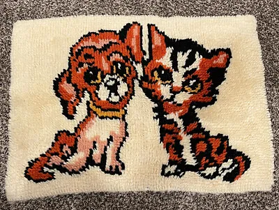 $16 • Buy Vintage Latch Hook Completed Rug Wall Hanging Cat Dog Kitten Puppy 70s