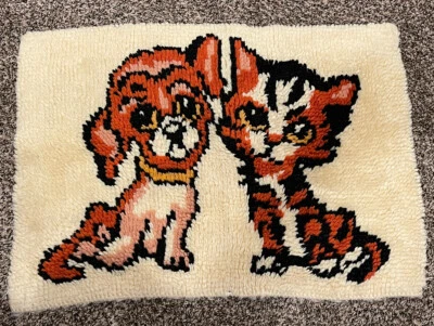 Vintage Latch Hook Completed Rug Wall Hanging Cat Dog Kitten Puppy 70s • $10