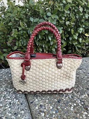 Brighton Peggy Straw Purse Handbag Summer Tote Leather And Straw Woven Red/Khaki • $28.99