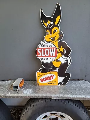 Vintage Bunny Bread Porcelain Old Sign 30x14  Dbl Sided Bakery Food Store Rabbit • $506.09