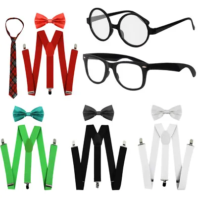 Geek Nerd Costume Set Tie Braces Glasses School Days Fancy Dress Mens Womens Lot • £4.99
