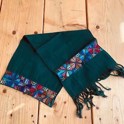 Maya Mexican Chiapas Green Rectangle Embroidered Table Napkin Long Scarf 10x52In • $15