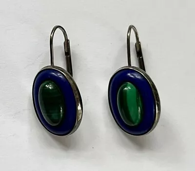 Vintage 925 Sterling Silver Lapis Malachite Drop Pierced Earrings Ear Bobs • $19.99