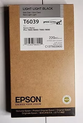 GENUINE EPSON T6039 LIGHT LIGHT BLACK 220ml INK STYLUS PRO 7880 9880 - 03/29/21 • $119.99