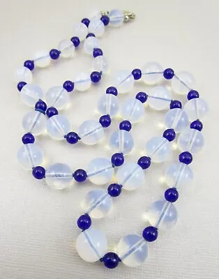 Beautiful Vintage Opalescent Opaline & Cobalt 26” Knotted Bead Necklace  • $55