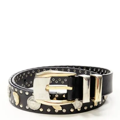 GIANNI VERSACE Vintage Silver Gold Medusa Moon Studded Leather Belt 70cm 28  • $428