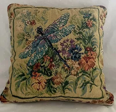 Vintage Tapestry Pillow Dragonfly Butterfly Cord Trim Gold  16”x16” Gold Green • $23