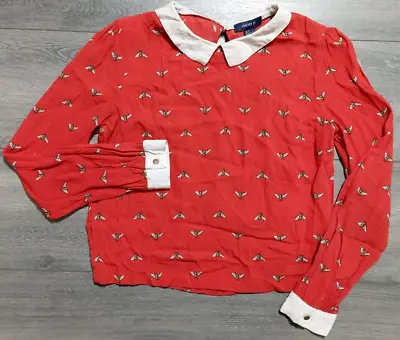 $8.49 • Buy Forever 21 Blouse Adult Small Red Bees Peter Pan Collar Shirt Womens