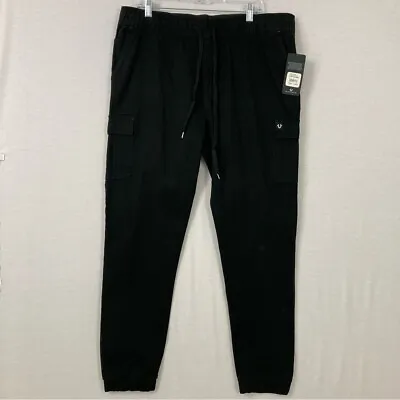 New True Religion Men's Black Cotton Drawstring Cargo Joggers Large • $48