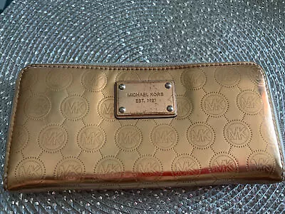 Michael Kors Women Credit Card Wallet Gold Signature Logo Metallic Zip • $20