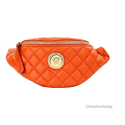 Versace Small Dark Orange Quilted Lamb Leather Belt Bag Waist Fanny Pack Purse • $888.98