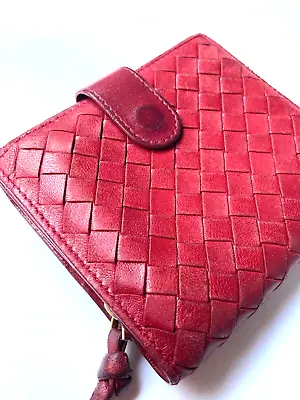 Bottega Veneta Vintage Intrecciato Leather Compact Wallet Purse Italy Red • $258.18