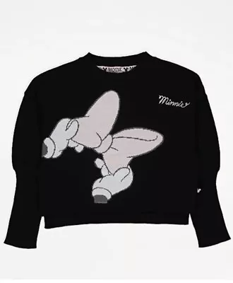 Disney Minnie Mouse Black Cropped Bow Detail Cotton Jumper 10-11 Years • £10.99