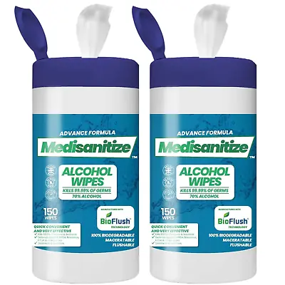 Biodegradable Cleaning Wipes 70% Alcohol Sanitiser - 150 Wipes Dispenser Tubs • £41.99