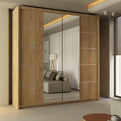 Modern Wardrobe C-Lisbon Mirror Sliding Door Bedroom Cabinets 4 Colours & Sizes • £349