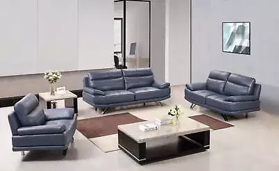 3PC Navy Blue Modern  Contemporary Genuine Leather Sofa Loveseat Chair Set • $3099