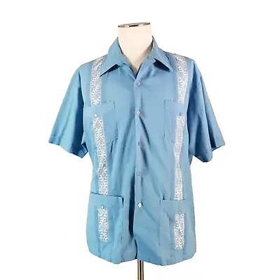 Vintage Haband Guayabera Men's XL Extra Large Blue Embroidered Button Up Retro • $18.81