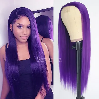 Fashion Purple Hair Heat Resistant Synthetic Lace Front Wig Straight Pre Plucked • $19.25