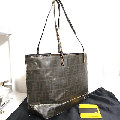 Vintage Auth FENDI Zucca Tote Shoulder Bag Purse PVC Leather Black Brown Italy • $150