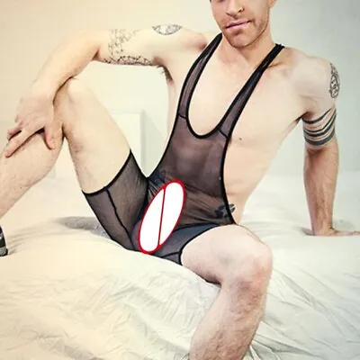 Stylish Men's Seethrough Mesh Jumpsuit Nightclub Stage Costumes Underwear • £7.37