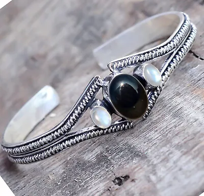 Black Onyx Moonstone Gemstone 925 Sterling Silver Handmade Bracelet Cuff D-525 • $16.20
