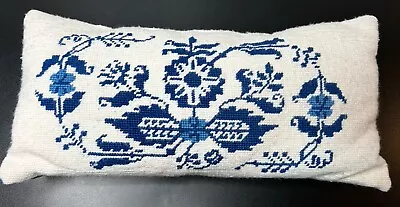 Vintage Needlepoint Pillow Blue Willow Farmhouse Floral Velvet Back • $48