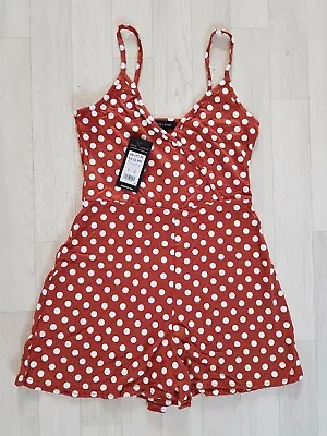 POLKA DOT PLAYSUIT Size 8 Brown NEW LOOK White SUMMER Strappy V-NECK Holiday  • £10.99
