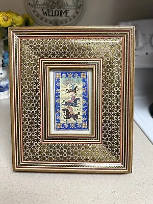 Antique Persian Miniature Khatam Painting On Bone With Inlayed Wooden Frame • $100