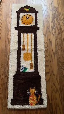 $50 • Buy Grandfather Clock Cat And Mouse Vintage  Latch Hook Rug Wall Hanging LARGE 56  