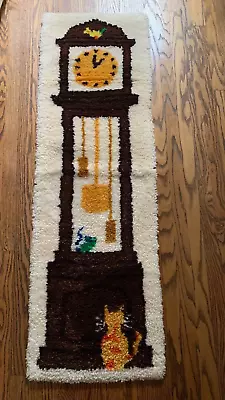 $50 • Buy Grandfather Clock Cat And Mouse Vintage  Latch Hook Rug Wall Hanging LARGE 56  