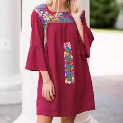 J Marie Bridget Mini Tunic Dress Small Floral Embroidered Burgundy Bell Sleeve  • $55