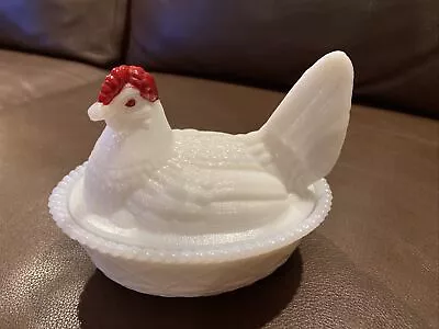 Westmoreland  White Milk Glass Hen On Nest With Red Comb & Eyes  5.5” Vintage • $11.90