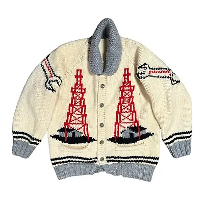 Vintage 60s Cowichan Mary Maxim Oil Derrick Cardigan Sweater Mens S/M • $172.20