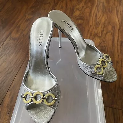 Guess 4in. Heels Shoes Canvas/Leather Monogram/silver Slide On Y2K Size 6M • $14