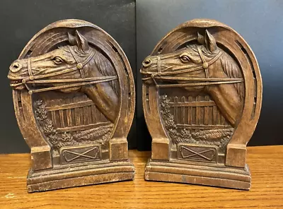 Vintage Syroco Wood Resin Horse Head Western Bookend Set Equestrian Horseshoe • $14.95