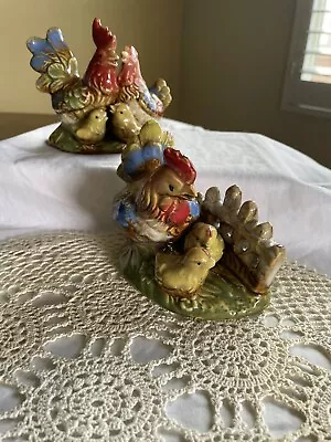 2 Vtg Ceramic Rooster Chicken Chicks Figurines Red Blue Green Kitchen • $15