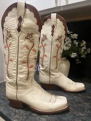 Lucchese Womans Boots 8B Cream/Brown Floral Design Square Toe Cowboy Boots • $31